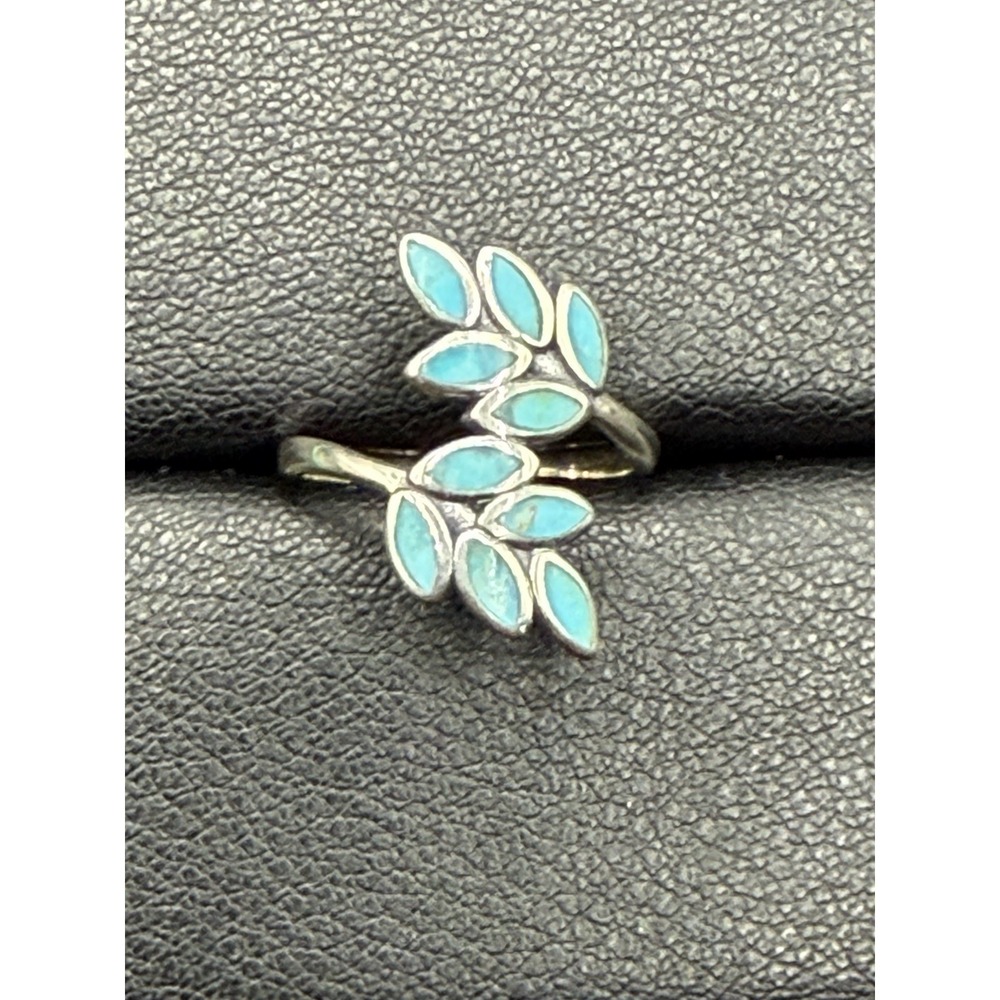 New Condition Sterling Silver Turquoise Leaf Bypass Ring 925 Size 5